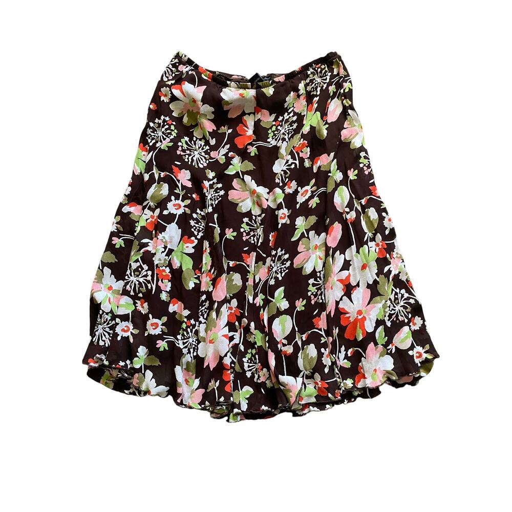 VTG Casual Corner Brown Floral Chiffon Pull On Flowy Midi Skirt Sz M Cottagecore